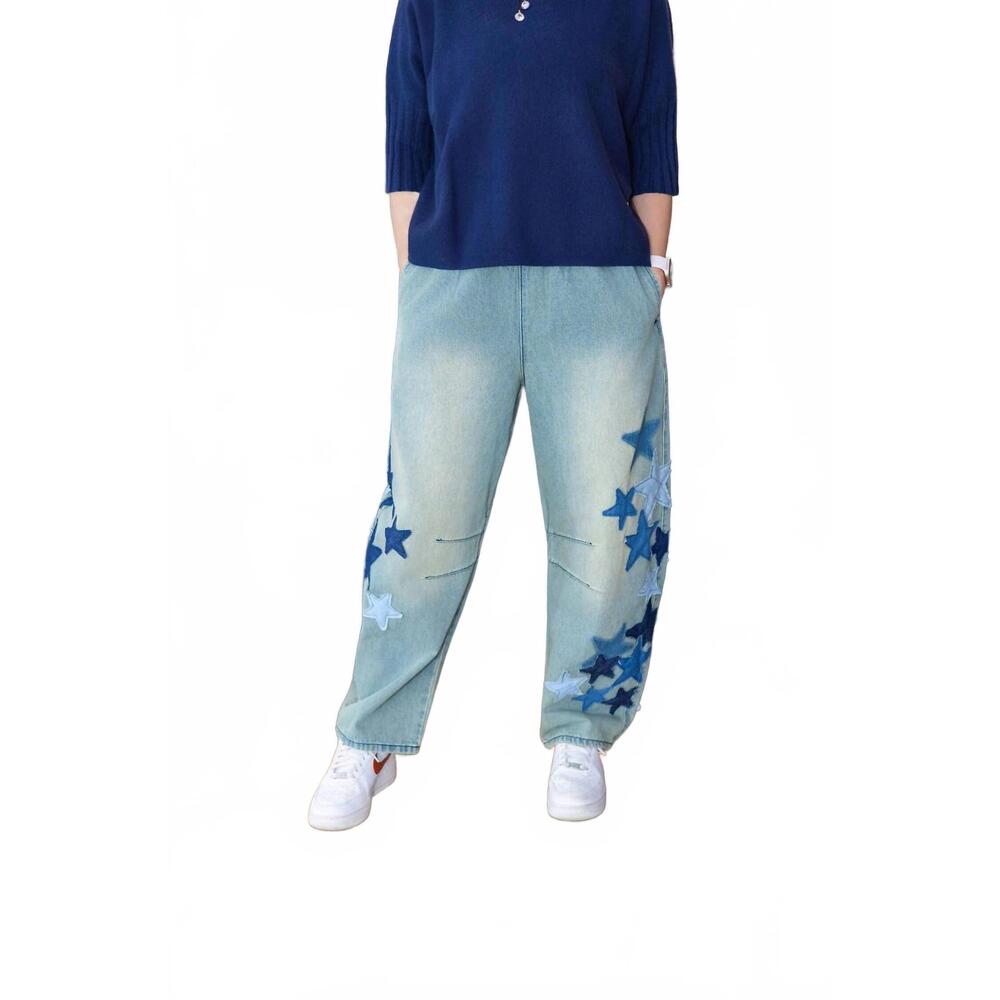 NEW EASEL starstruck patchwork barrel jeans in blue - Picture 3 of 6